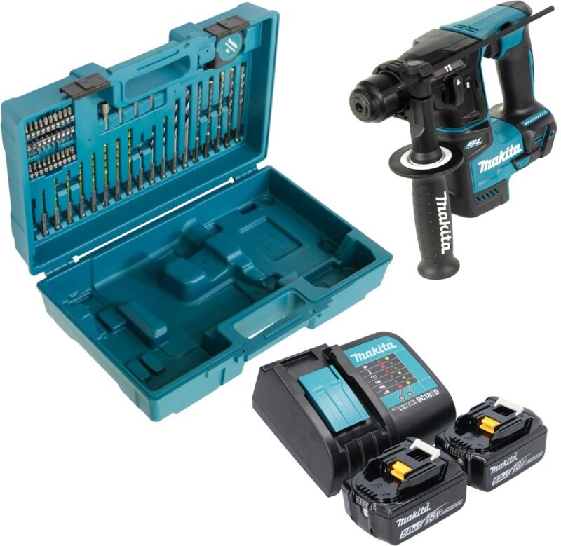 Makita DHR 171 STX3 Akku Bohrhammer 18 V 1,2 J SDS-Plus Brushless + 2x Akku 5,0 Ah + Ladegerät + 65 tlg. Zubehör Set + K...
