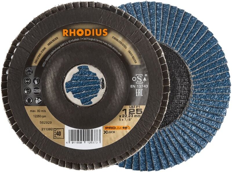 RHODIUS LSZ F1 X-LOCK, 10 Stück, 115 mm, Korn 40, X-LOCK Fächerschleifscheibe