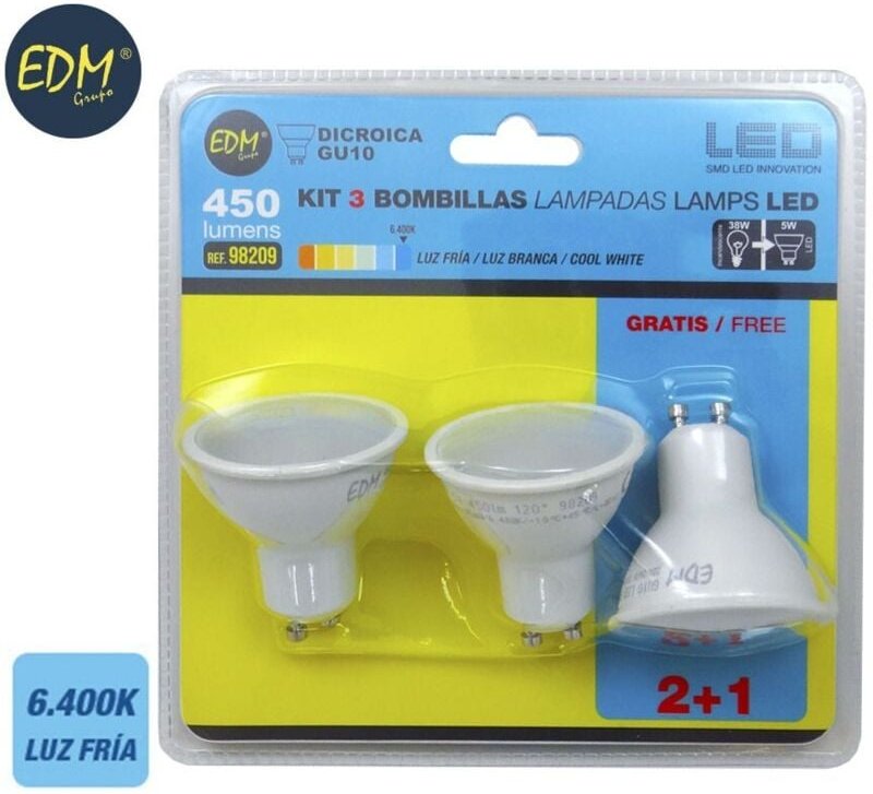 Kit mit 3 dichroitischen LED-EDM-Glühbirnen GU10 5W 450lm 6400K Kaltlicht Ø5x5,5cm