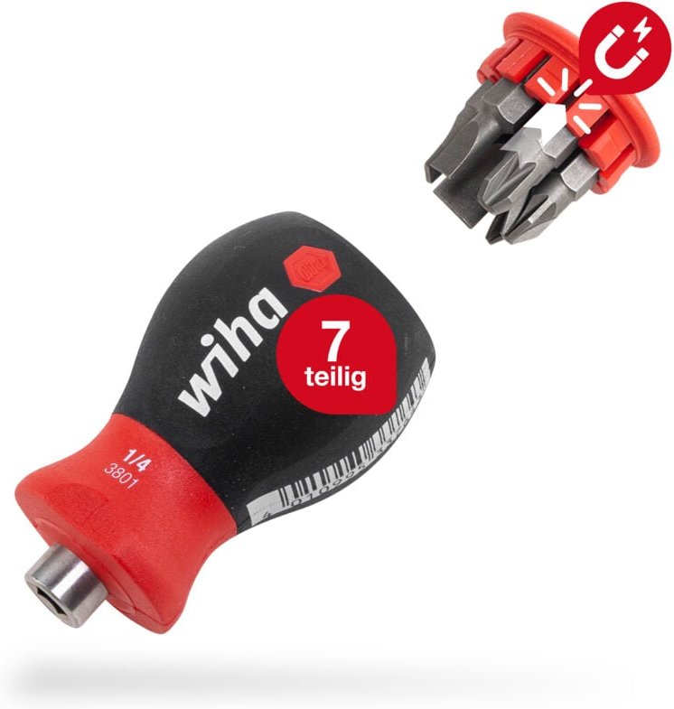 Schraubendreher Stubby mit Bit Magazin magnetisch (33764) i Schlitz, Kreuzschlitz i mit 6 Bits, 1/4' - Wiha