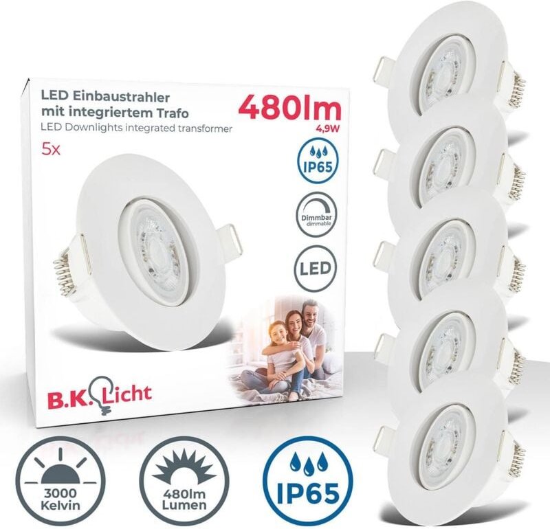 B.k.licht - Einbaustrahler 68mm 5er Set - 230V, 4,9W, 480lm, led, dimmbar, IP65, warmweiß, weiß