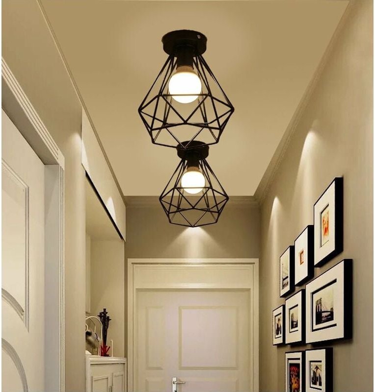 Thumbnail - Axhup - 2x Deckenlampe Kronleuchter in Rautenform Metall E27 Lüster Retro Pendelleuchte für Balkon Korridor Badezimmer E...