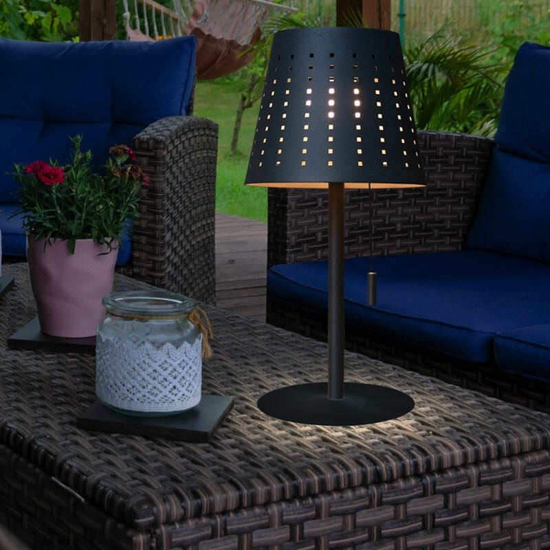 Tischlampe Solarlampe Außenleuchte Terrassenlampe, Timer USB Kabel Akku dimmbar Zugschalter IP44, anthrazit, 1x LED 2W 1...