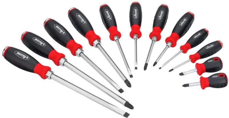 VIGOR Schraubendreher mit Schlagkappe, mit Antriebsvierkant, Kreuzschlitz Profil PH, Schlitz Profil, 12-tlg., Anzahl Wer...