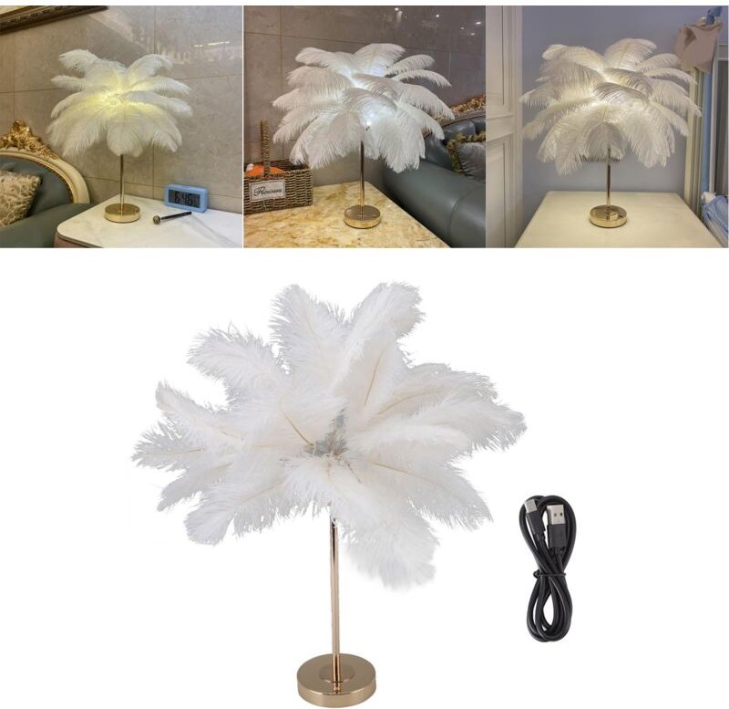 Ej.life - Straußenfeder-Lampe, Touch-Schalter, USB-Feder-Tischlampe, Prinzessinnen-Lampe, ästhetische Nachttisch-Gold-Sc...
