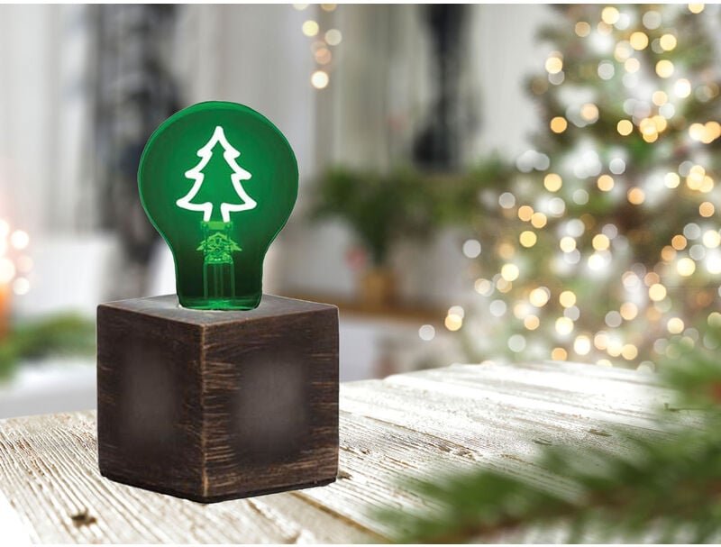 Meinewunschleuchte - Tischlampe Würfel Grau mit Deko led Glühbirne Tannenbaum, Quadrat 9cm