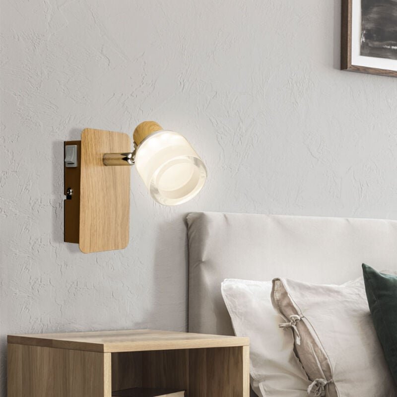 Thumbnail - Led Wandleuchte Innen Wandlampe Holz Chrom Lampe Acryl opal, beweglicher Spot, 1x 5W 380lm 3000K, HxBxT 12x7x11,5 cm