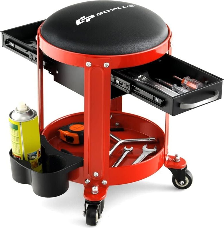 COSTWAY Werkstatthocker, 150 kg, Werkstattsitz mit 2 Schubladen & Dosenhaltern & Ablage & abnehmbarem Sitz, Arbeitshocke...