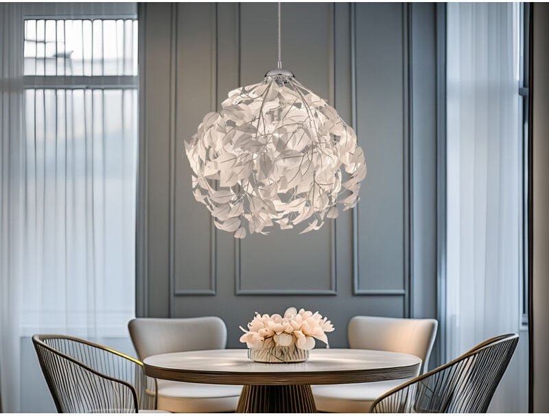 Pendellampe Hängeleuchte Deckenlampe Wohnzimmerleuchte Esszimmerlampe, Metall Chrom weiß Blätter, 1x E27, h 150 cm