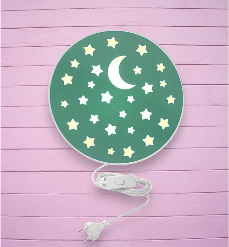 Kinderzimmer Wandlampe mit Mond & Sternen Salbeigrün Schalter und Stecker ø 25cm