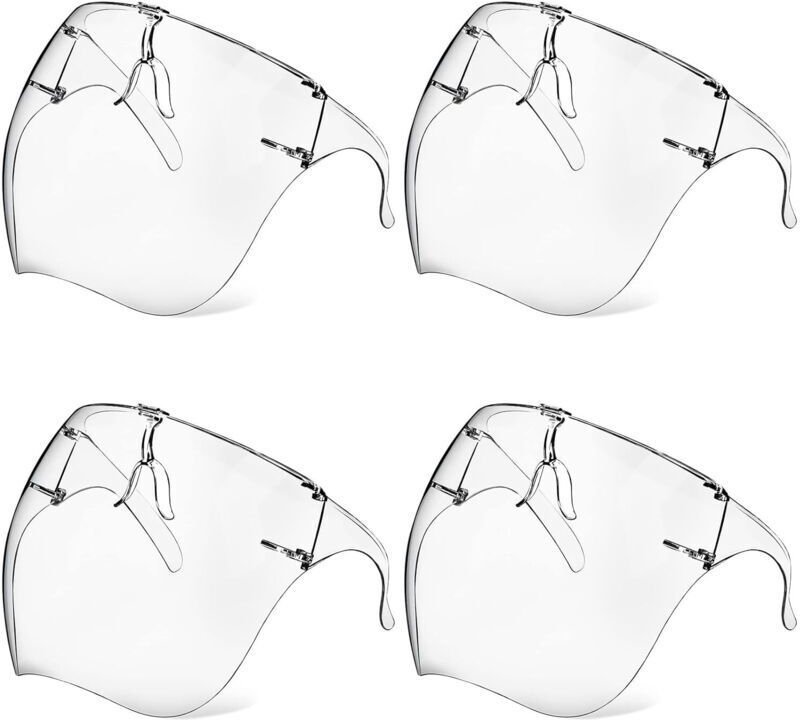 Set mit 4 Schutzmasken mit Schutzbrille, beschlagfrei, transparent, wiederverwendbar, aus Kunststoff, spritzwassergeschü...
