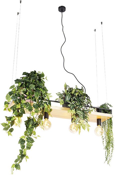 Industrielle Hängelampe schwarz mit Holz 4-Licht - Regal