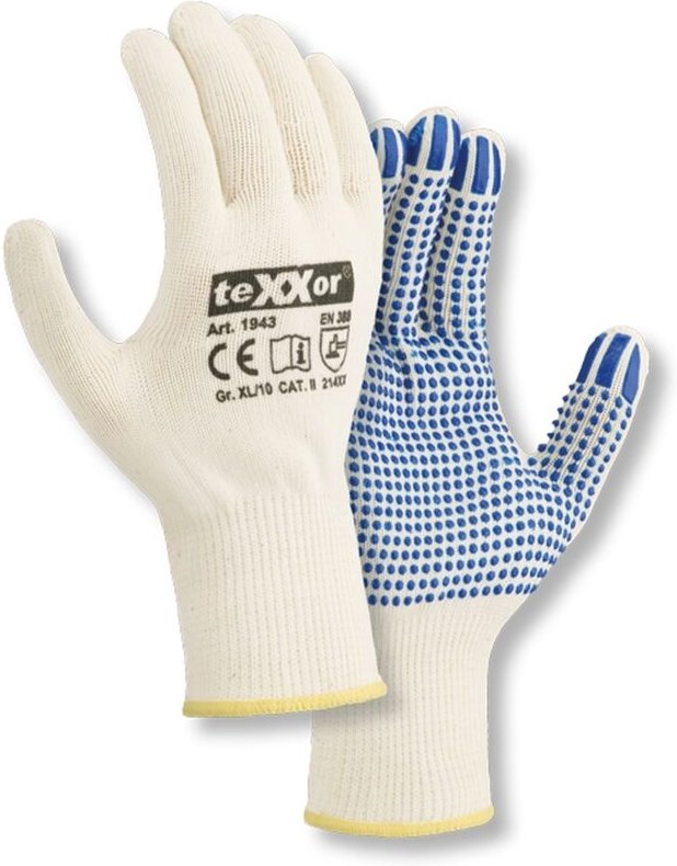 teXXor® Mittelstrick-Handschuhe BAUMWOLLE/NYLON, Weiß/blaue Noppen