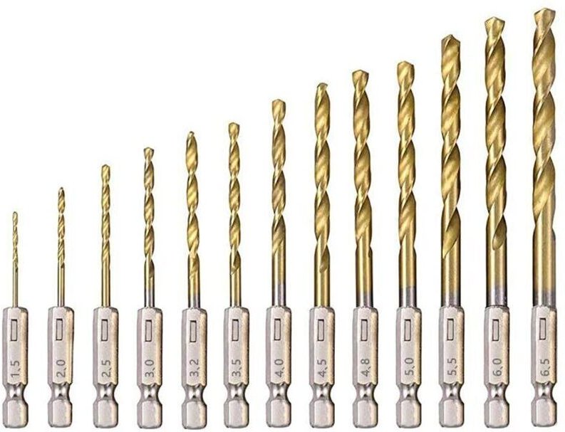 Set mit 13 Spiralbohrern aus Schnellarbeitsstahl mit Titanbeschichtung, Größen von 1,5 mm bis 6,5 mm, geeignet zum Bohre...