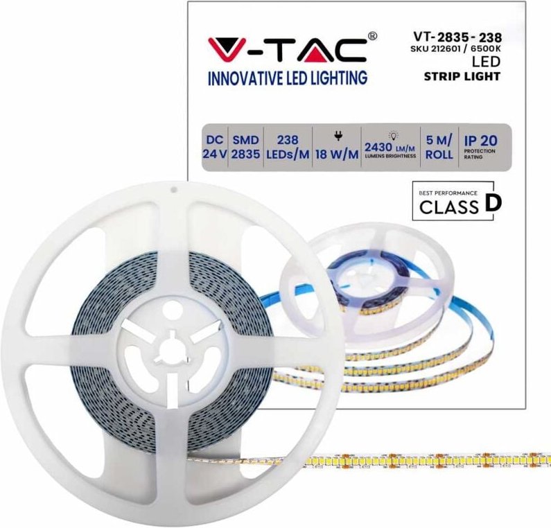 V-tac - LED-Streifen SMD2835 18W/m 5m 238 LED/m 135LM/W 24V Kaltweiß IP20 10mm