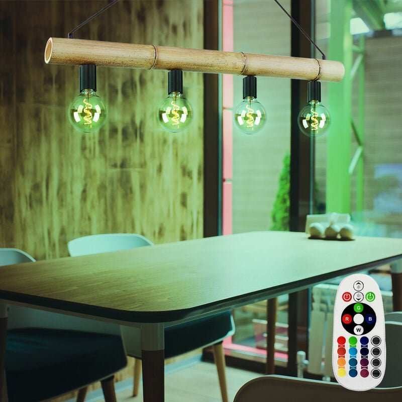 Thumbnail - Decken Pendel Lampe Fernbedienung natur Vintage Design Hänge Leuchte dimmbar im Set inkl. RGB LED Leuchtmittel