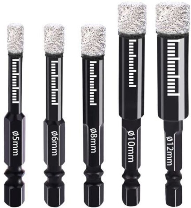 Set mit 5 Diamantbohrern mit Sechskantschaft: 5 mm, 6 mm, 8 mm, 10 mm, 12 mm, für Keramik, Granit, Glas, Porzellan, Flie...