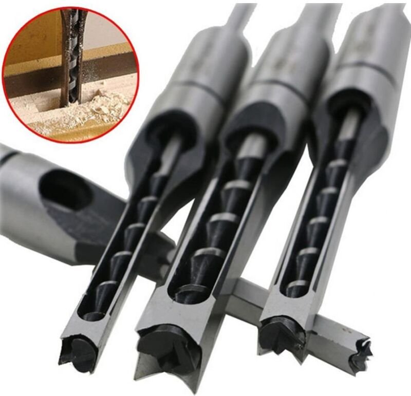 Lot de 4 Forets à Bois Trou Carré, Bédanes Creux en Acier Outils de Menuiserie Set pour Scie Cloche Carrée Forets à Cise...