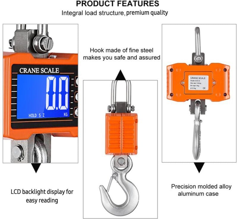 Tragbare digitale Hängeleiter mit LCD-Hintergrundbeleuchtung und Haken, Tragkraft 1000 kg / 2204 lbs, für industrielle A...
