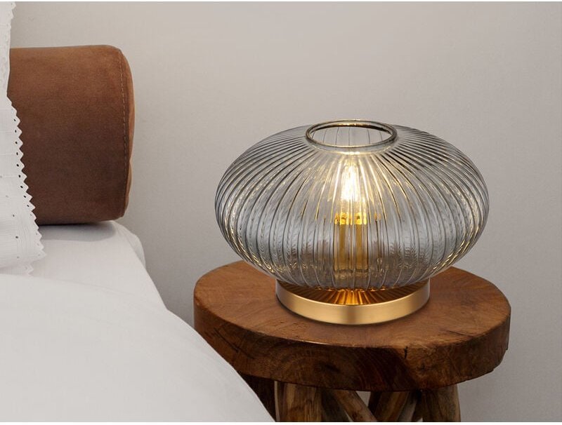 Led Tischleuchte aus Rauchglas Rillenglas Messing, Höhe 20cm