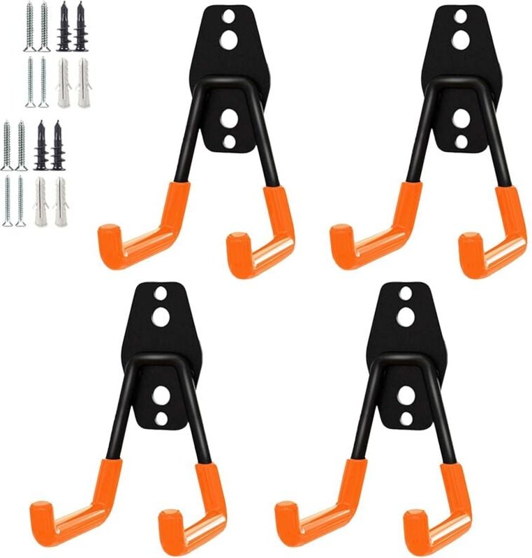 Set mit 4 robusten Garagenhaken, Aufbewahrungshaken, Wandhaken aus Stahl für Gartengeräte (kleine schwarze und orangefar...