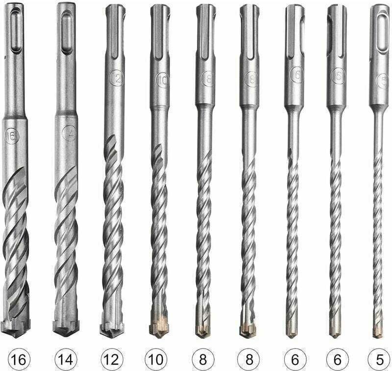 SDS-Plus Bohrer- und Meißelset – 9-teiliges Bohrerset für Beton, Stein und Keramik – Hartmetallkopf – Für Schlagbohrmasc...
