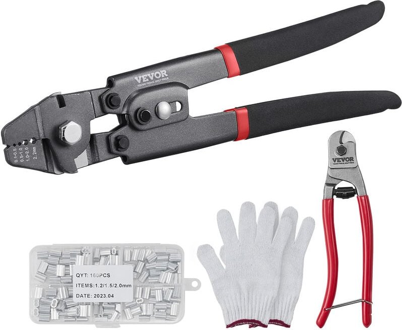 VEVOR Crimpzange Kabelschuhzange 0,1-2,2 mm, Drahtseil-Crimpzange, Angeldraht-Crimpzange mit 160 Aluminiumhülsen Drahtse...
