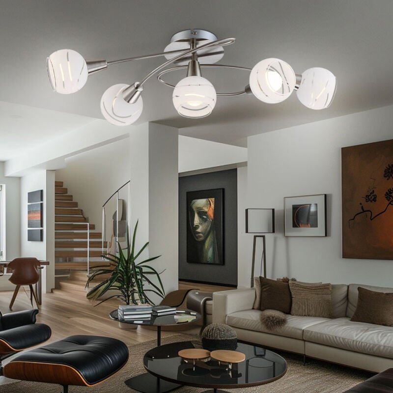 Deckenlampe Deckenleuchte Spotleuchte Wohnzimmerlampe Spotlampe, 5 Flammig Nickel matt Glas weiß, led 4W 400Lm warmweiß,...