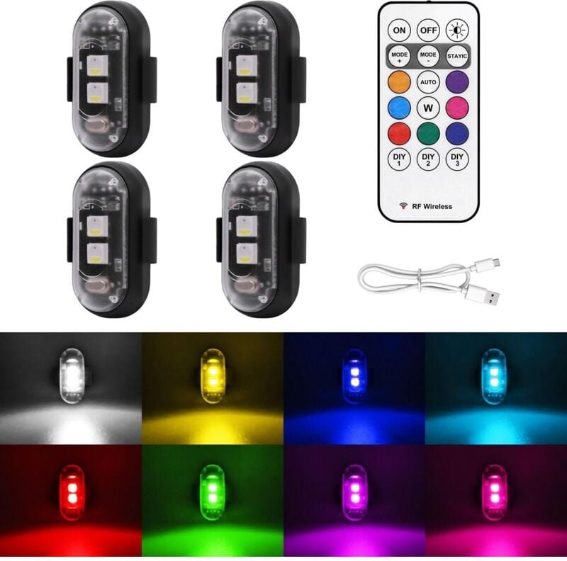 4 Stück kabellose LED-Blitzlichter mit Fernbedienung, 8 Farben, USB-Aufladung, wasserdicht, kollisionssicher, LED-Notwar...