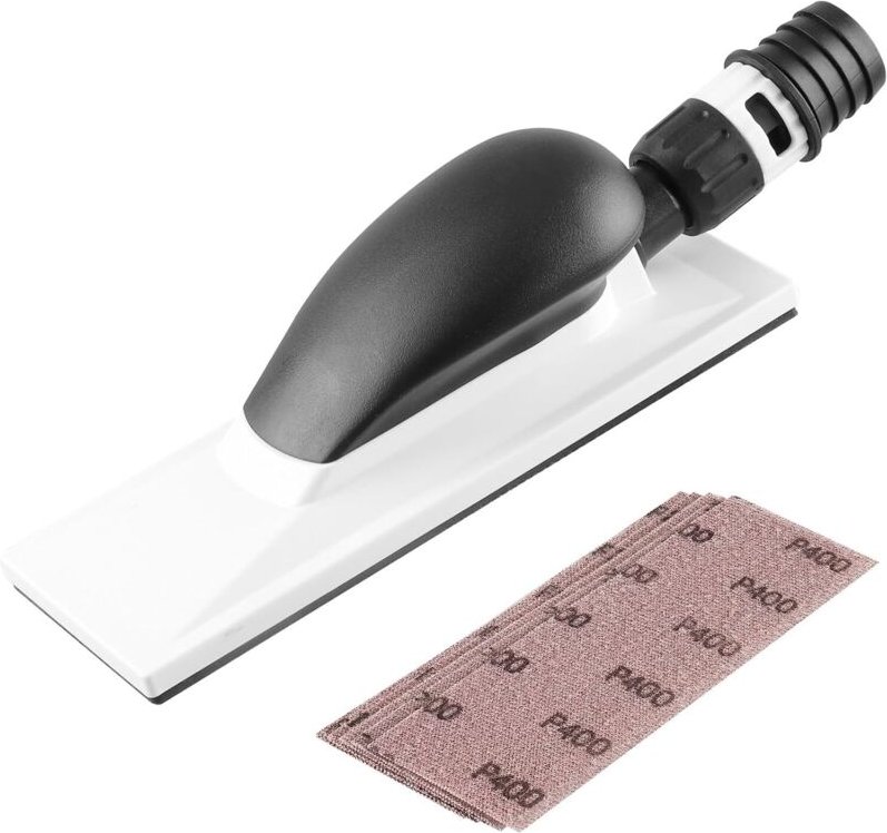 Praktischer Schleifklotz mit Griff und Staubabsaugung für 70x200 mm Schleifbänder, zum Handschleifen ohne Gips, inklusiv...