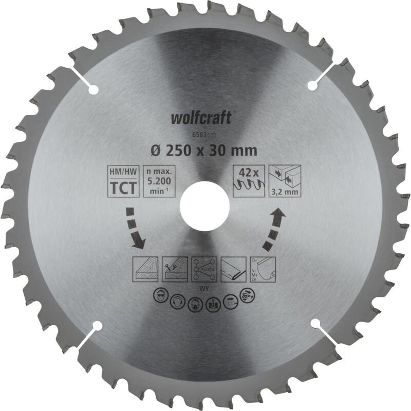 Wolfcraft - i Tischkreissägeblatt hm, Serie lila neu i 6583000 i ø 250 mm, 42 Zähne, feine, saubere SchnitteI Sägeblatt ...