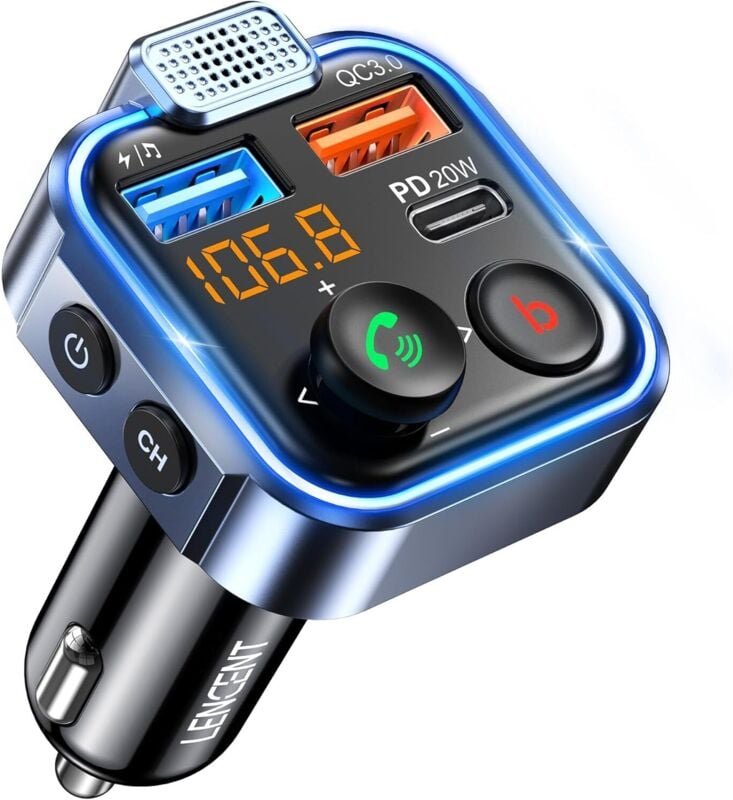 FM-Transmitter fürs Auto, Bluetooth 5.3 Zigarettenanzünder-Radiosender, 20-W-PD-Schnellladegerät (Typ C + QC3.0), Freisp...