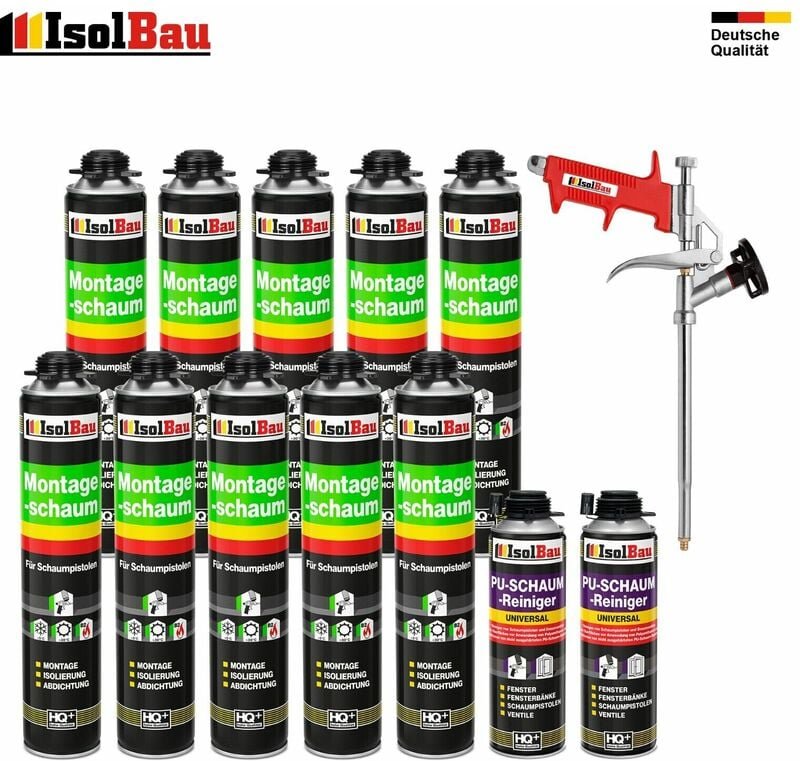 Isolbau - set Pistolenschaum 10 x 750 ml + 1 Metall Schaumpistole + 2 Reiniger Bauschaum