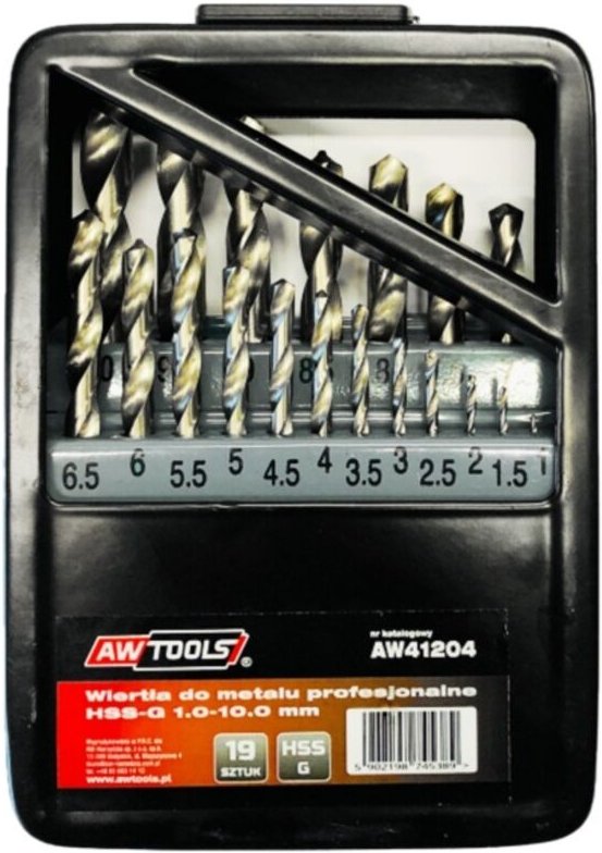 Awtools wiertła do metalu hss-g komplet 19elem /1,0 - 10,0mm/