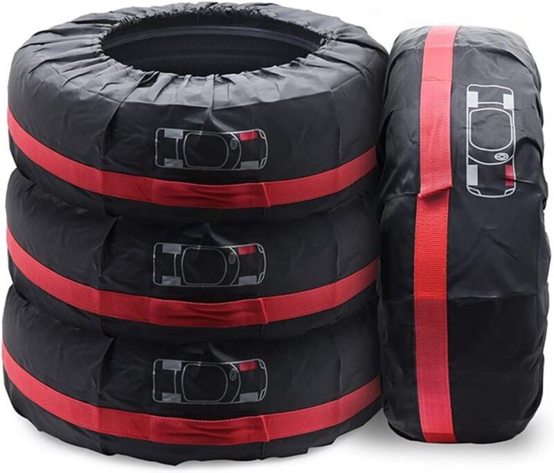 Set mit 4 Autoreifenabdeckungen, Reserveradabdeckung, rotem Gürtel (Durchmesser 65 x 37 cm)