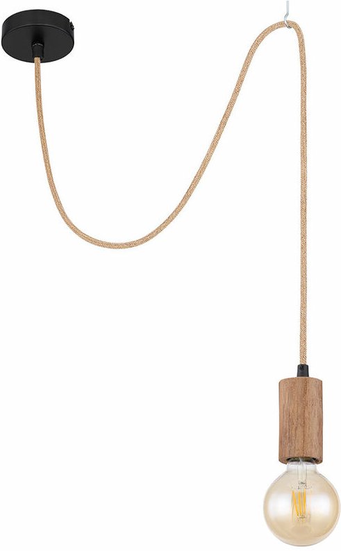 Seillampe Vintage Holzleuchte E27 Vintage Pendelleuchte Holz, Hanfseil Metall braun schwarz, 1x E27 Fassung, DxH 10x160 ...