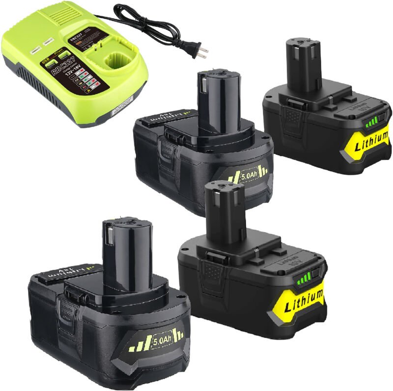 Pdstation - 4er-Pack 5,0 Ah Ersatzakkus für Ryobi 18 v mit P117B-Ladegerät. Kompatibel mit Ryobi 18V-Akkus P102, P103, P...