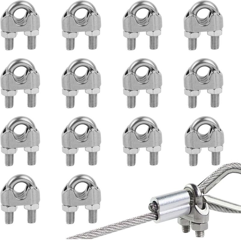 Set mit 14 Edelstahl-Kabelklemmen, 6 mm Stahl-Kabelklemmen für Metallkabel mit 6 mm Durchmesser, M6-Gewinde