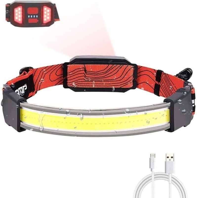 Wiederaufladbare LED-Stirnlampe, wasserdichte Frontleuchte mit rotem Rücklicht für Camping, Angeln und Joggen