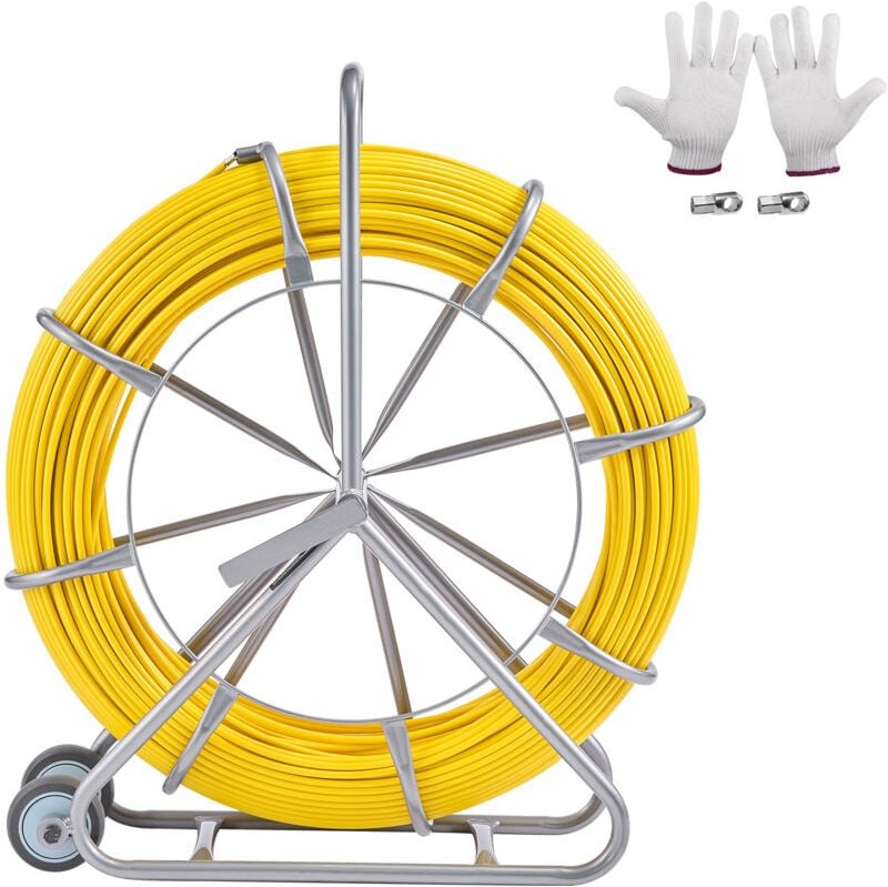 Fiberglas-Einziehband – 656 Fuß, 5/16 Zoll, mit Rollenständer aus Stahl und 3 Zugköpfen – Ideal für Verdrahtungsarbeiten...