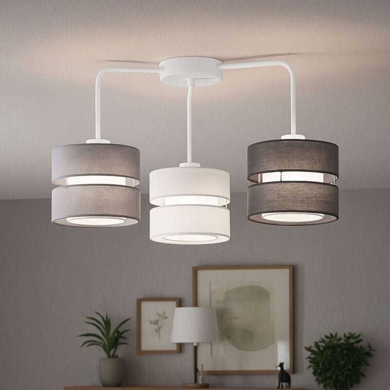 Deckenleuchte Lampe Wohnzimmerleuchte 3 flammig Textil Schlafzimmerlampe, Metall Stoff grau weiß, 3x E27 Fassungen, LxBx...