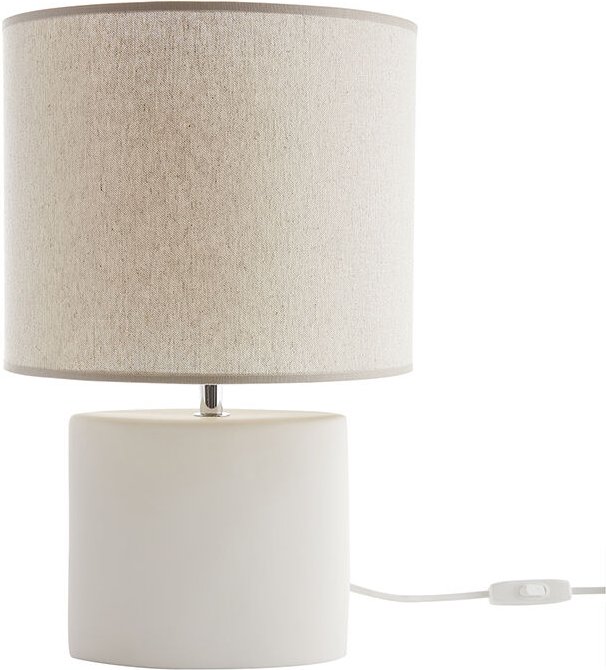 Tischleuchte Keramik weiß mit naturfarbenem Schirm aus Leinen tiga