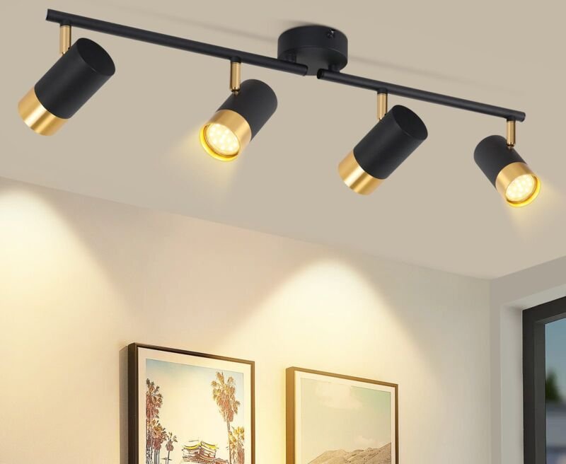 Deckenstrahler 4 Flammig Küchenlampe GU10 - Deckenspots Schwarzgold Flur Wandstrahler 350° Drehbar Strahler Vintage Retr...