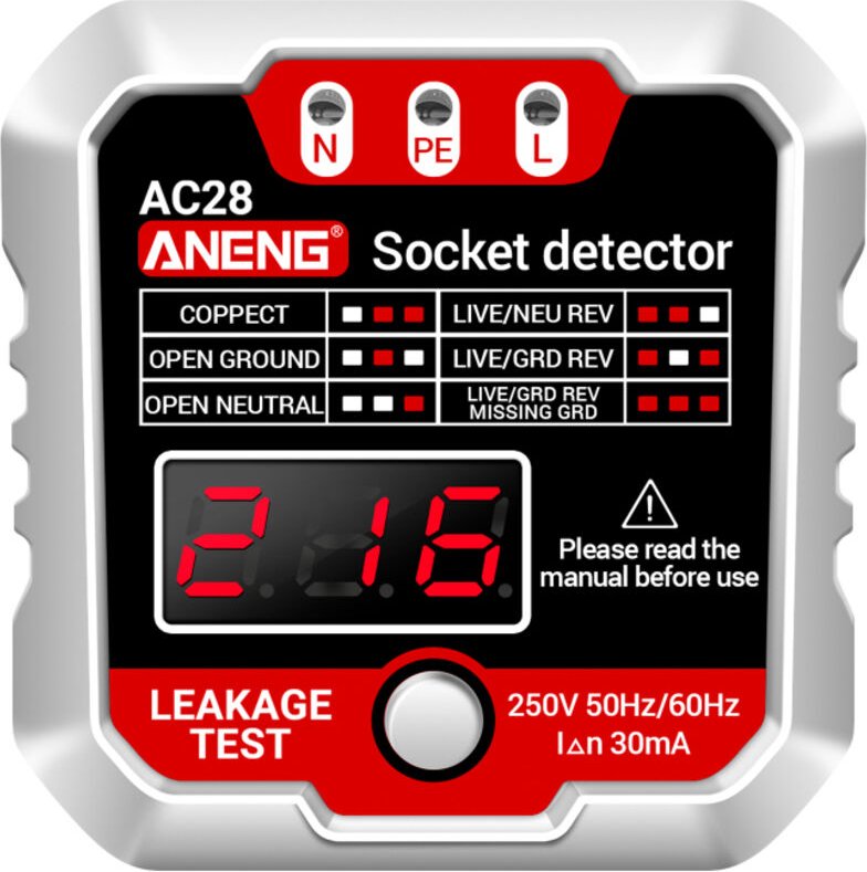 Tester per prese di corrente, tester automatico per circuiti con display LCD da 250 V e rilevatore di polarità.