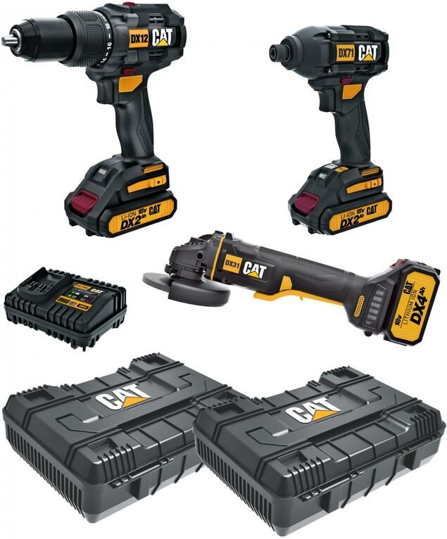 CAT - kit bohrer schlagschrauber und schleifmaschine mit batterien und koffern erpillar