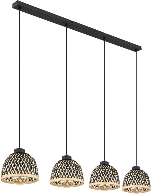 Hängelampe Esstisch Pendelleuchte Boho Wohnzimmerlampe 4-flammig, Bambus Schirm Höhenverstellbar, Metall schwarz matt, 4...