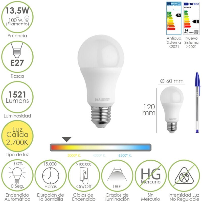 Maurer - Bombilla Led Estandar Rosca E27. 13,5 Watt. Equivale a 100 Watt. 1521 Lumenes. Luz Calida (3000º k.)