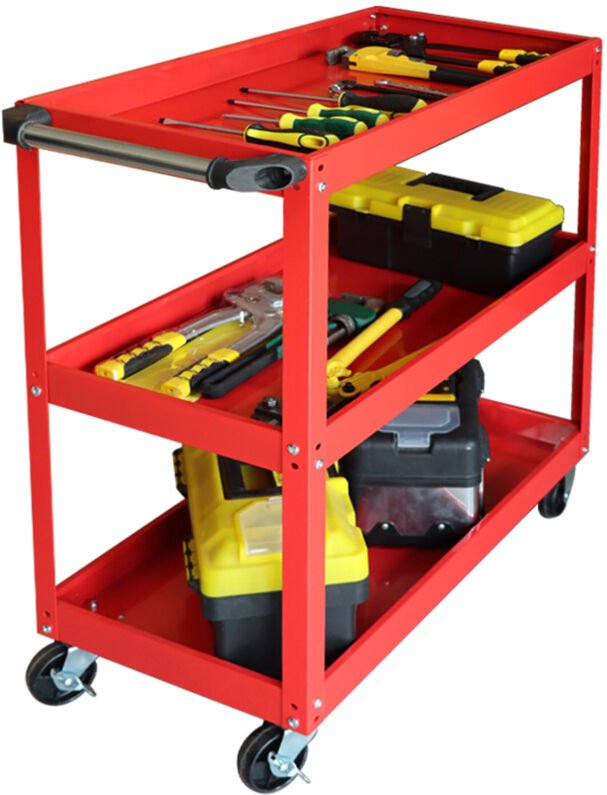 Relaxdays Werkstattwagen, Werkzeugwagen mit 3 Ebenen, mobiler Montagewagen, bis 100 kg, HxBxT: 76 x 35 x 78 cm, rot