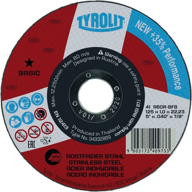 Tyrolit - 34332869 Trennscheibe A60R-BFP Basic D125x1mm gerade inox Bohrung 22,23