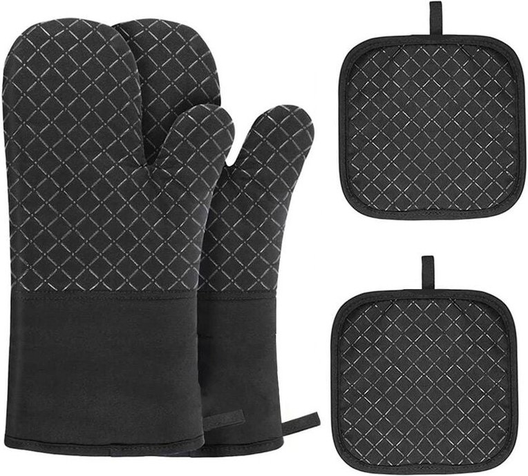 Thumbnail - Hitzebeständige Handschuhe, 4 Stück Küchenhandschuhe und Topflappen, hitzebeständige Baumwoll-Ofenhandschuhe (schwarz)
